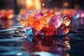 Colorful heart shaped jelly candies floating on water surface with reflection AI generated Generative AI Royalty Free Stock Photo