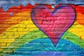 Colorful heart-shaped LGBT-themed graffiti on a brick wall, featuring rainbow colors in a street art style, suitable for Royalty Free Stock Photo