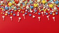 Colorful Heart Sprinkles Border on Red Background Royalty Free Stock Photo