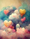 colorful hearts as balloons in the clouds, children gift card illustration, ai generated image