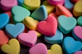 Colorful hearts on a dark background. Shallow depth of field. Generative AI