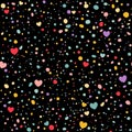 Colorful Hearts and Dots on Black Background. Vector Seamless Pattern. Sprinkle Confetti Love Background Royalty Free Stock Photo