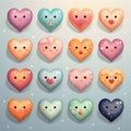Colorful hearts with eyes and different faces. Heart as a symbol of affection and love
