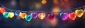 Colorful hearts on garland, Happy Valentines day concept abstract background. Wide banner Royalty Free Stock Photo