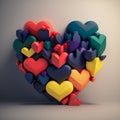 Colorful hearts on a grey background. 3d illustration. Love concept. Generative AI Royalty Free Stock Photo