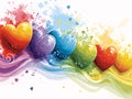 Colorful hearts on a colorful rainbow wave white background. Heart as a symbol of affection and Royalty Free Stock Photo