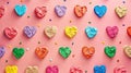 Colorful hearts scattered on a pink background, celebrating Valentine\'s Day. Ai Generated