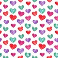 Colorful hearts seamless pattern, watercolor illustration