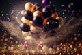 Colorful helium balloons on dark sparkling bokeh background.  Celebration birthday party decor. Luxury creative idea for party Royalty Free Stock Photo