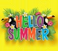 Colorful Hello Summer Lettering Message with Realistic Black Toucan with Tropical Leaves