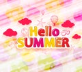 Colorful Hello Summer with Summer Icons in an Abstract Circle