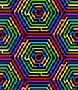 Colorful hexagon maze puzzle on black geometric seamless pattern, vector Royalty Free Stock Photo