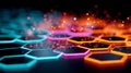 Colorful hexagonal shapes create a dynamic pattern on a dark background, with bokeh lights adding depth and dimension to the scene Royalty Free Stock Photo