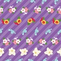 Colorful hibiscus seamless pattern on purple diagonal stripes Royalty Free Stock Photo