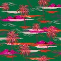 Colorful and high contrast Seamless island pattern Landscape with palm trees,beach and ocean vector hand drawn style Royalty Free Stock Photo