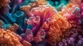 colorful high detailed macro image of sea corals, vivid multicolor textured wallpaper background of sea life corals reef