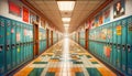 Colorful high school corridor lined with blue lockers and adorned with various posters on the walls Royalty Free Stock Photo