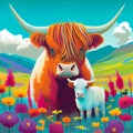 Colorful Highland cow and calf illustration colourful field of flowers Royalty Free Stock Photo