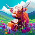 Colorful Highland cow and calf painting Royalty Free Stock Photo