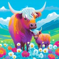 Colorful Highland cow and calf painting Royalty Free Stock Photo