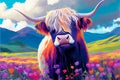 Colorful Highland cow illustration colourful field of flowers