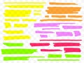Colorful highlighters set. Yellow, green, purple, red and orange markers. Transparent hand drawn brush lines. Royalty Free Stock Photo