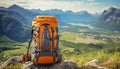 Colorful hikers backpack on green slope, scenicmountains landscape in background