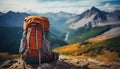 Colorful hikers backpack on green slope, scenicmountains landscape in background