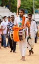 Colorful Hindu drummer close-up, Drummers and devotees gather in Ruhunu Maha Kataragama Royalty Free Stock Photo