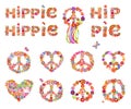 Colorful hippie flowers lettering and hippie peace symbols collection with flower power for t shirt print, party poster and other Royalty Free Stock Photo