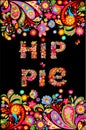 Colorful hippie flowers lettering print and floral border for summery t shirt design on black background