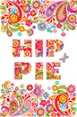 Colorful hippie flowers lettering print and floral border for summery t shirt design on white background. Patchwork style