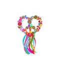 Colorful hippie peace symbol in heart shape with flower-power, fly agaric, paisley, butterflies, rainbow and colorful ribbons for