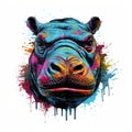 Colorful Hippopotamus Head in Dark Bronze and Azure Neonpunk Style.