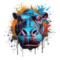 Colorful Hippopotamus Head in Dark Bronze and Azure Neonpunk Style for Posters and Web.