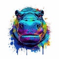 Colorful Hippopotamus Head in Dark Bronze and Azure Neonpunk Style for Posters and Web.