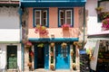 Colorful historic bakery building in Chaves, Portugal