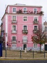 Vertical: Historic pink apartment building with stone street and sidewalk in Lisbon, Portugal.