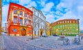 Colorful historic buildings on Zelny Trh Cabbage Market square, on March 10 in Brno, Czech Republic Royalty Free Stock Photo