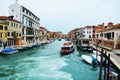 Colorful historical buildings and boats, in Venice, Italy