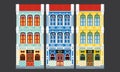 Colorful and historical colonial style three storey terrace houses. Isolated. Royalty Free Stock Photo