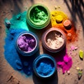 colorful holi colors in bowls. Colorful holi powder blowing up. Holi festival and celebration. Top view on multicolored Royalty Free Stock Photo