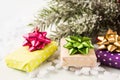 Colorful holidat gifts with fir tree decoration Royalty Free Stock Photo