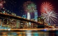 Colorful holiday fireworks panoramic view New York city Manhattan downtown skyline at night Royalty Free Stock Photo