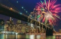 Colorful holiday fireworks panoramic view New York city Manhattan downtown skyline at night