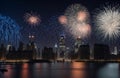 Colorful holiday fireworks panoramic view new york city manhattan downtown Royalty Free Stock Photo