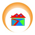 colorful home icon with the sun behind it as a symbol of success. with a white background