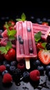 Colorful homemade berry popsicles on a metal plate, embodying a healthy summer food concept Royalty Free Stock Photo