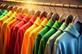 Colorful hoodies and sweatshirts hang on hangers in clothing store