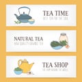 Colorful horizontal banner templates with hand drawn traditional Japanese tetsubin kettle, ceremonial cups, teapot and